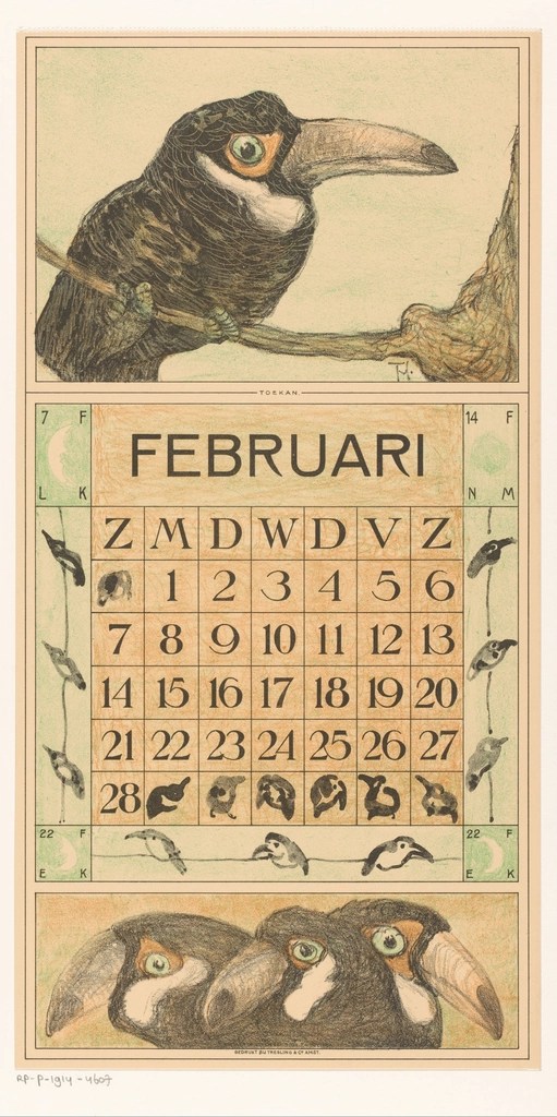Kalenderblad februari met toekan (1914) by rijksmuseum is licensed under CC-CC0 1.0