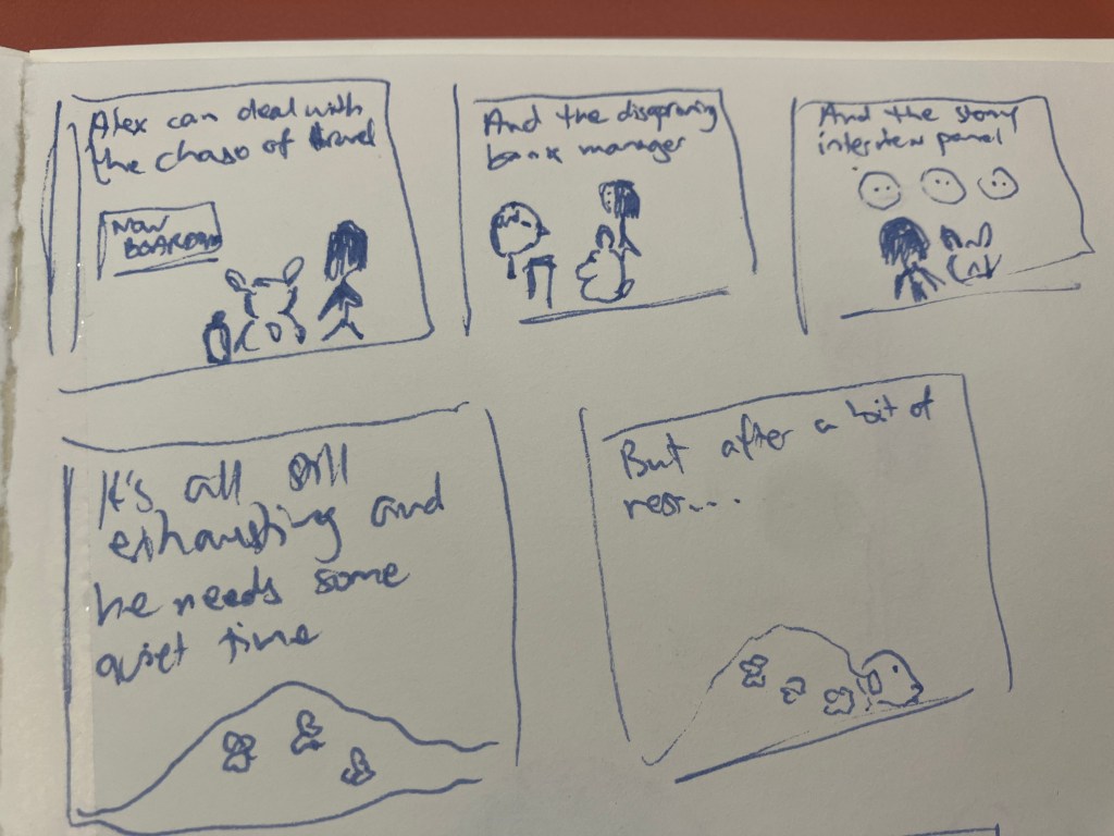 Alex can deal with the chaos of travel.
And the disapproving bank manager.
And the stony interview panel.
It's all still exhausting and he needs some quiet time.
But after a bit of rest...